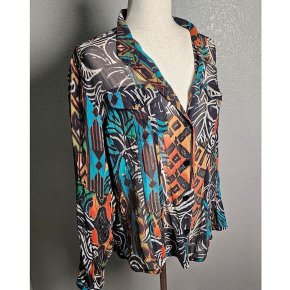 Chicos Sheer Button Up Top Large Abstract Print - Picture 3 of 10